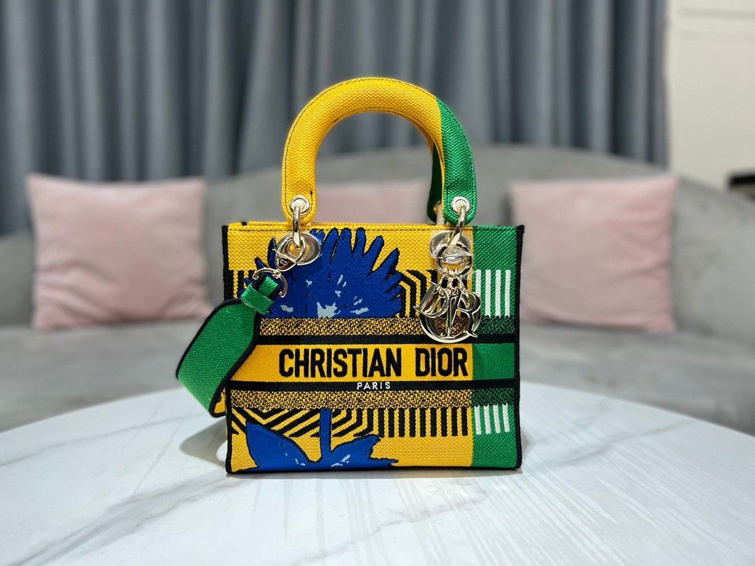 Dior Lady D-Lite Medium Bag In Yellow & Green D-Flower Pop Embroidery