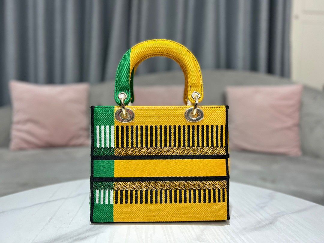 Dior Lady D-Lite Medium Bag In Yellow & Green D-Flower Pop Embroidery