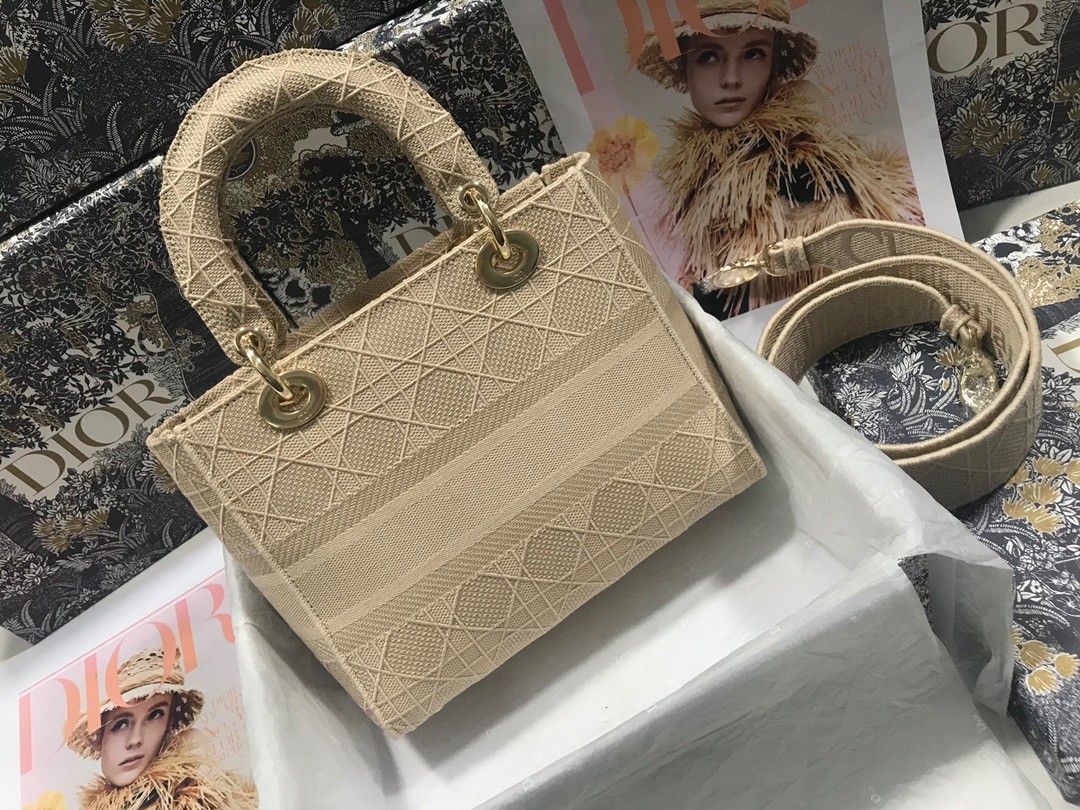 Dior Lady D-Lite Medium Bag In Beige Cannage Embroidered Canvas