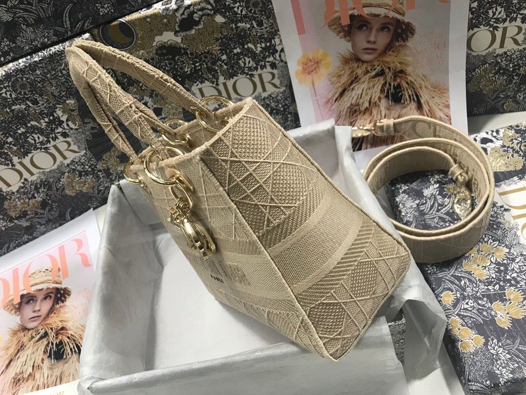 Dior Lady D-Lite Medium Bag In Beige Cannage Embroidered Canvas