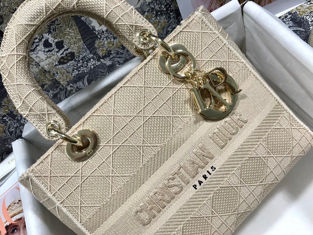 Dior Lady D-Lite Medium Bag In Beige Cannage Embroidered Canvas