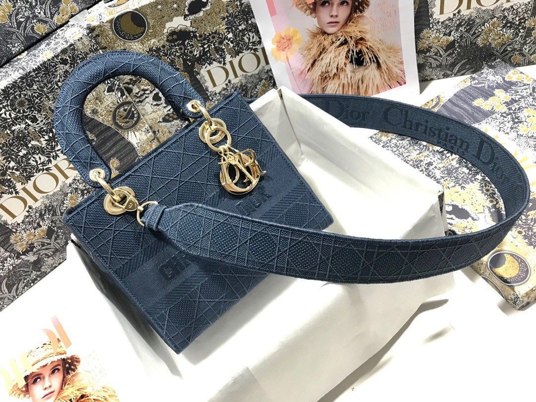 Dior Lady D-Lite Medium Bag In Blue Cannage Embroidered Canvas