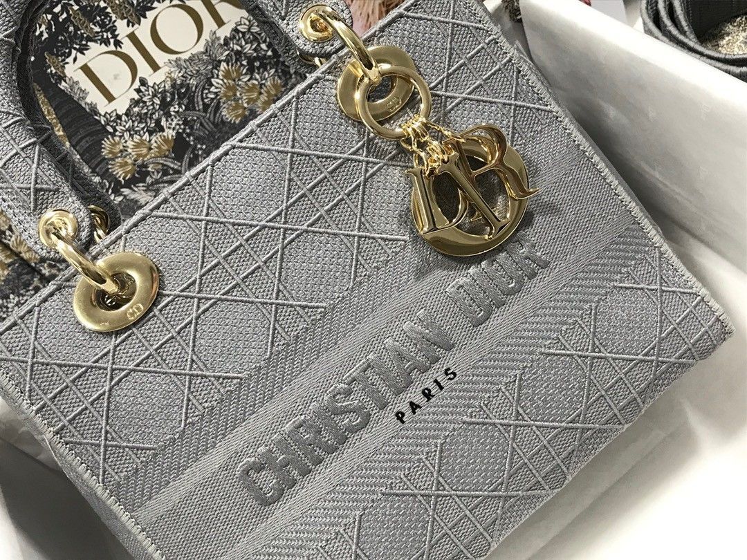 Dior Lady D-Lite Medium Bag In Grey Cannage Embroidered Canvas