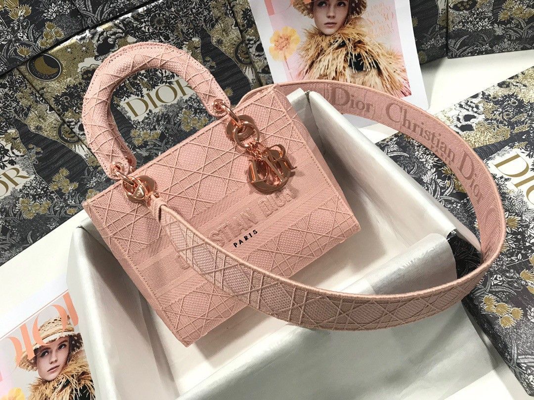 Dior Lady D-Lite Medium Bag In Pink Cannage Embroidered Canvas