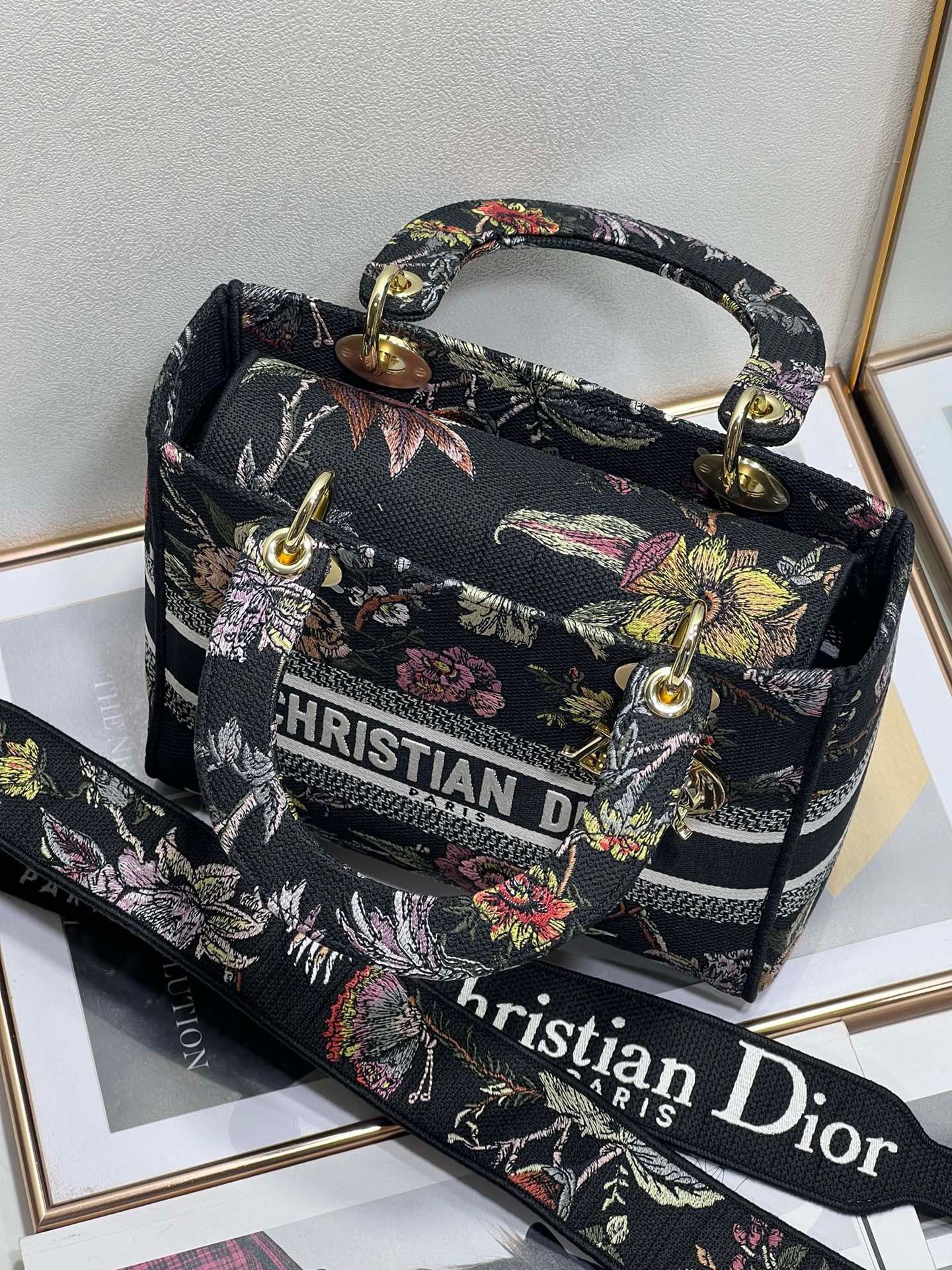 Dior Lady D-Lite Medium Bag In Black Jardin Botanique Embroidery