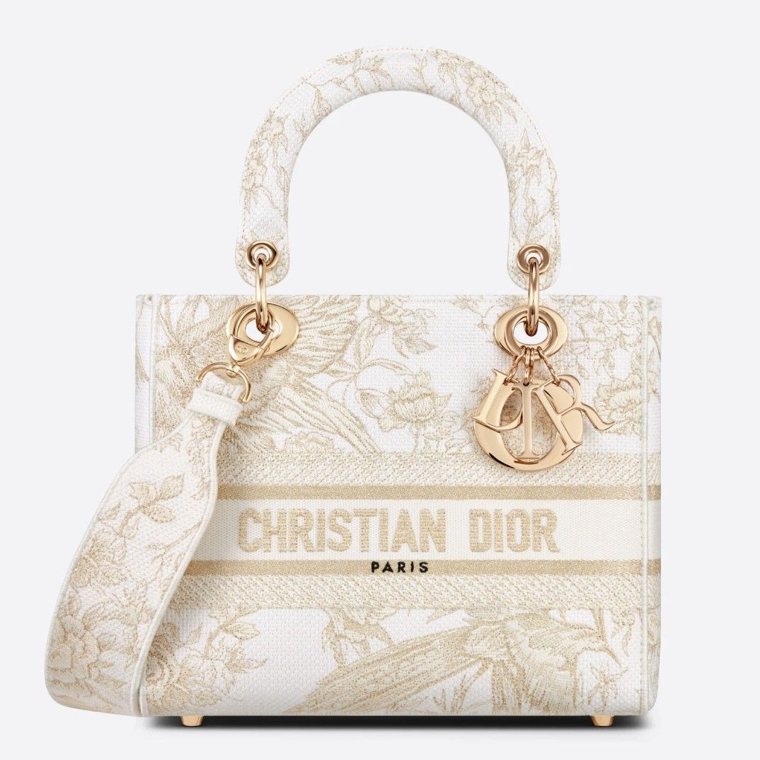 Dior Lady D-Lite Medium Bag In Gold Jardin d'Hiver Embroidery