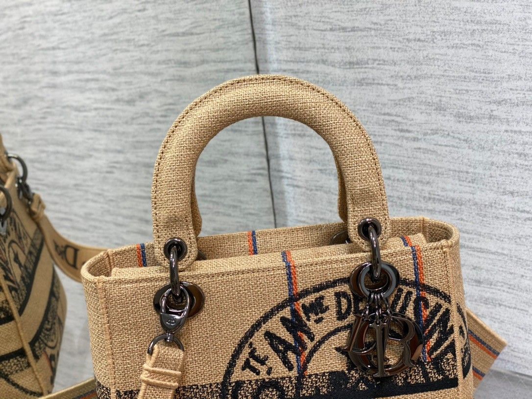 Dior Lady D-Lite Medium Bag In Beige Jute Canvas with Dior Union Motif