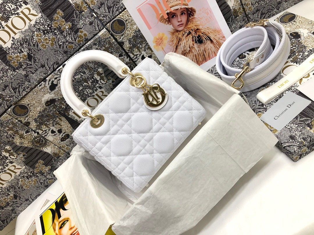 Dior Lady D-Lite Medium Bag In White Macrocannage Technical Fabric