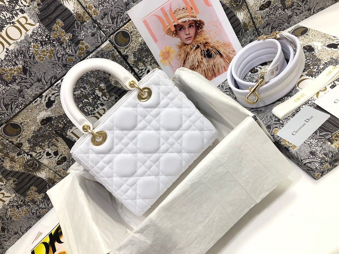 Dior Lady D-Lite Medium Bag In White Macrocannage Technical Fabric