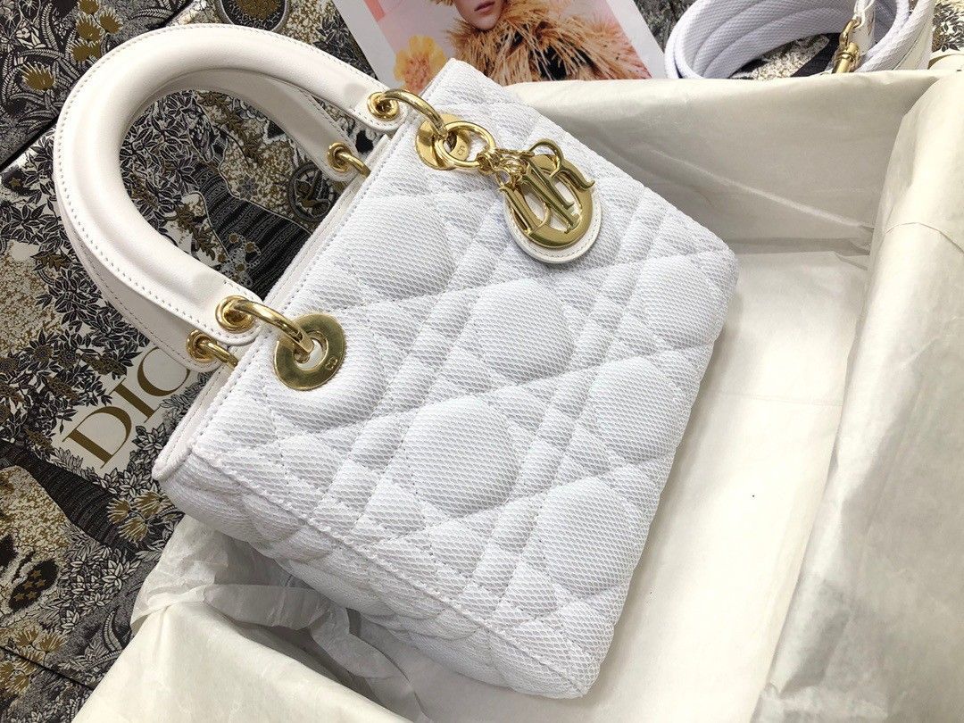 Dior Lady D-Lite Medium Bag In White Macrocannage Technical Fabric