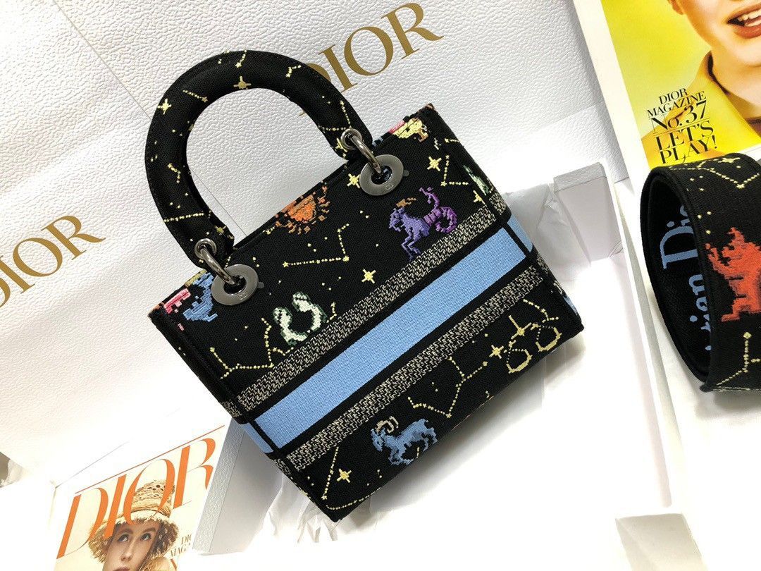 Dior Lady D-Lite Medium Bag In Black Pixel Zodiac Embroidery