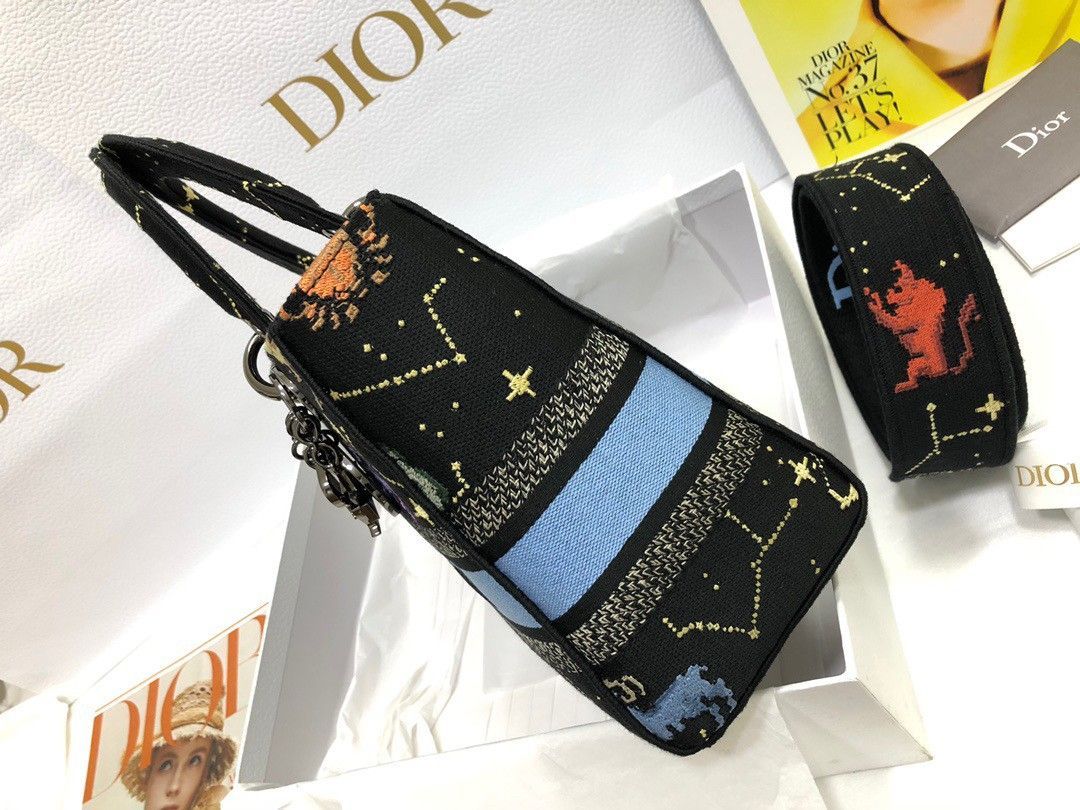 Dior Lady D-Lite Medium Bag In Black Pixel Zodiac Embroidery