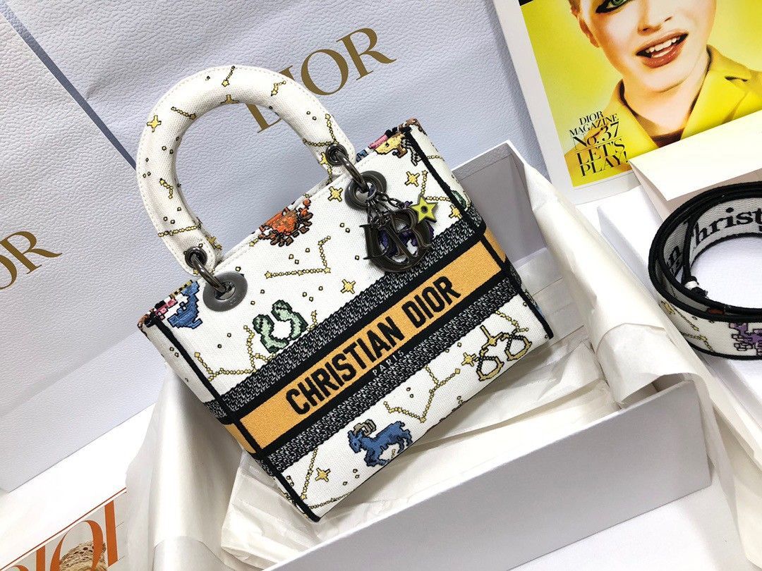 Dior Lady D-Lite Medium Bag In White Pixel Zodiac Embroidery