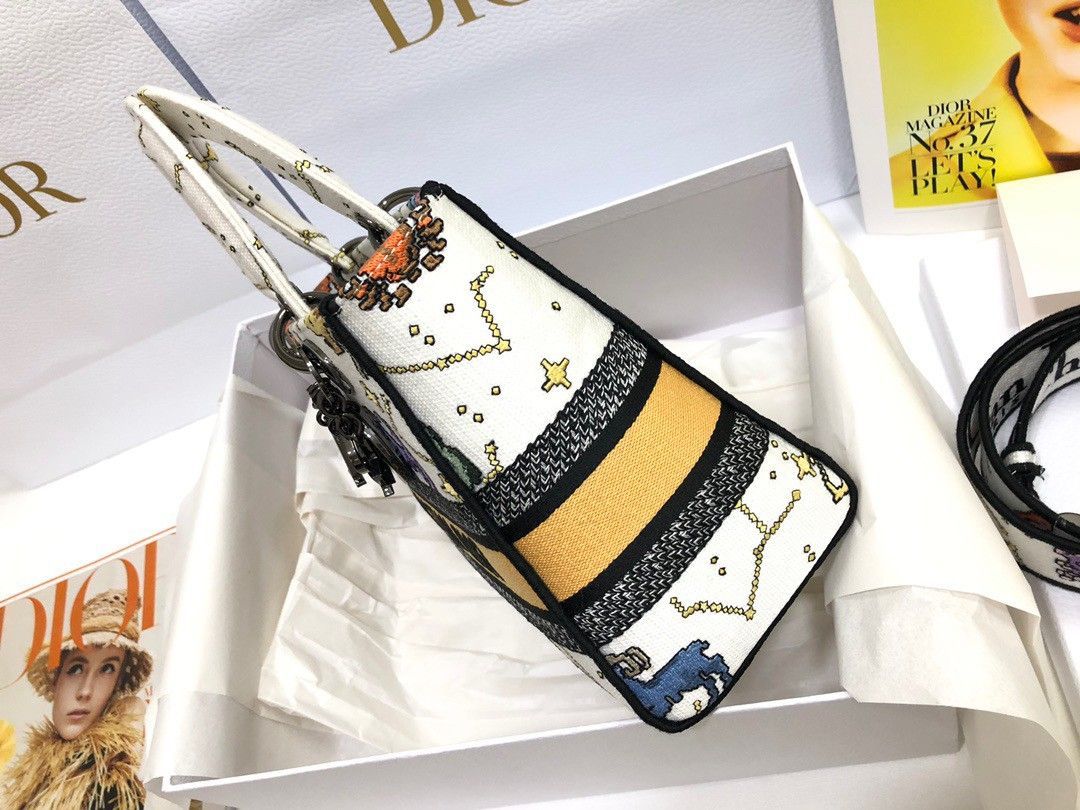 Dior Lady D-Lite Medium Bag In White Pixel Zodiac Embroidery