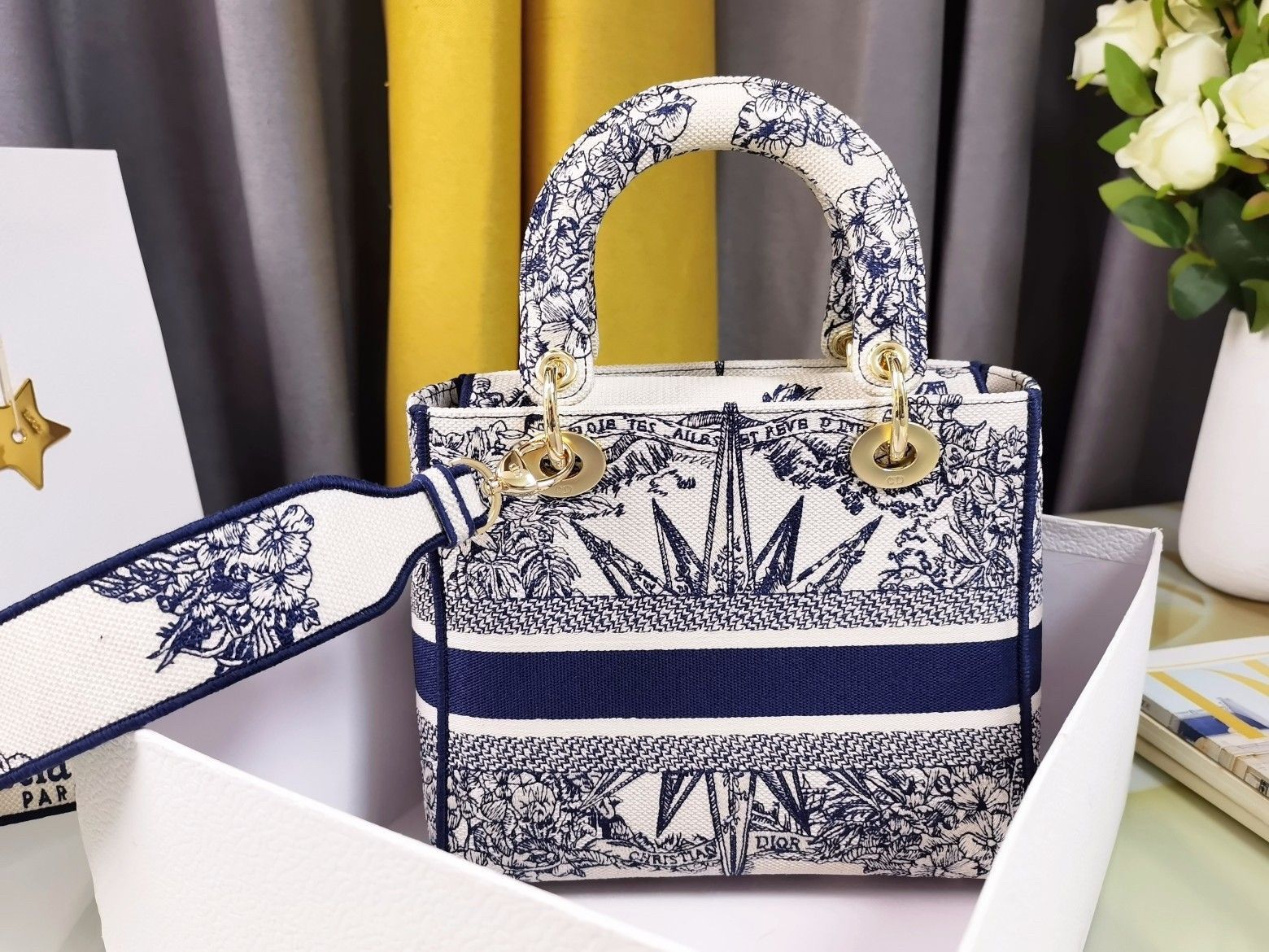 Dior Lady D-Lite Medium Bag In Blue Multicolor Rêve d'Infini Embroidery