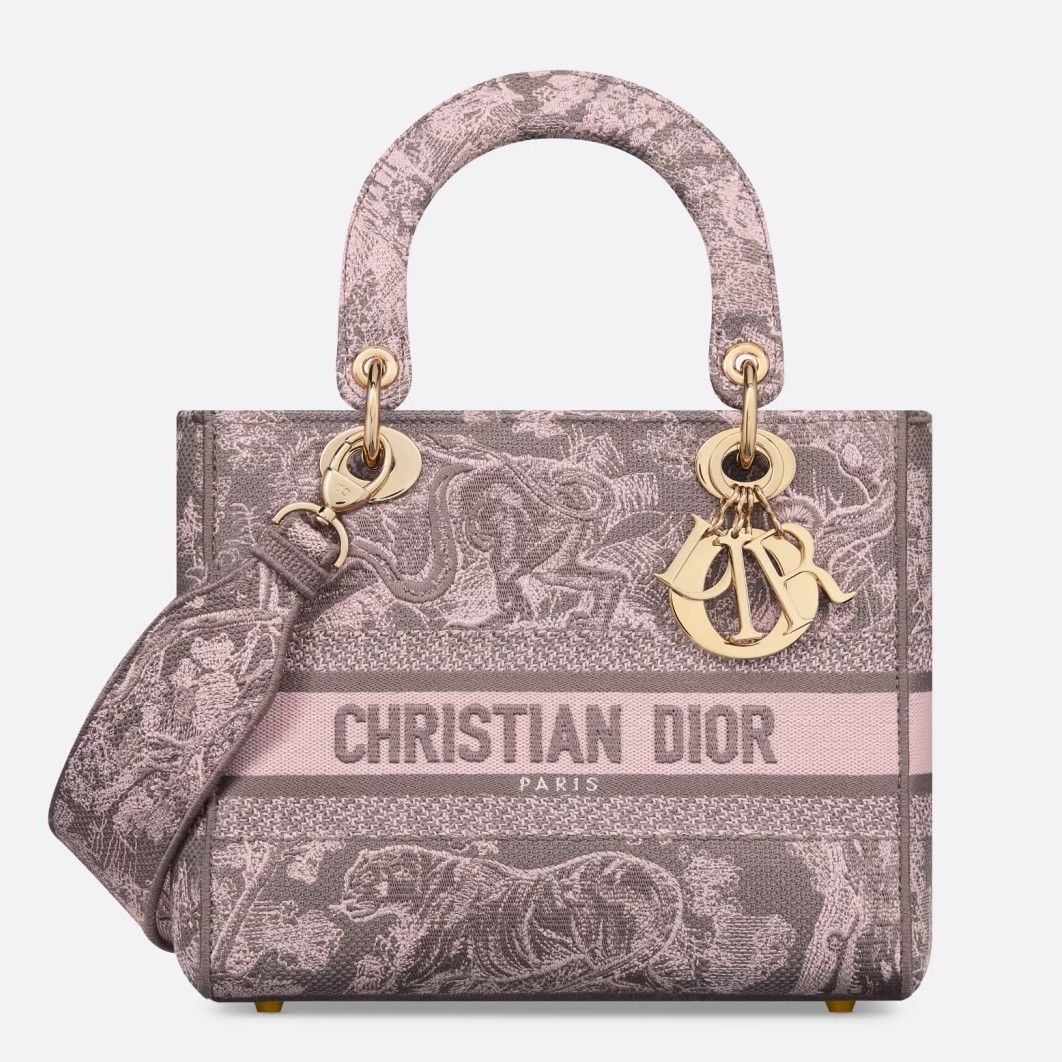 Dior Lady D-Lite Medium Bag in Grey and Pink Toile de Jouy Reverse Embroidery