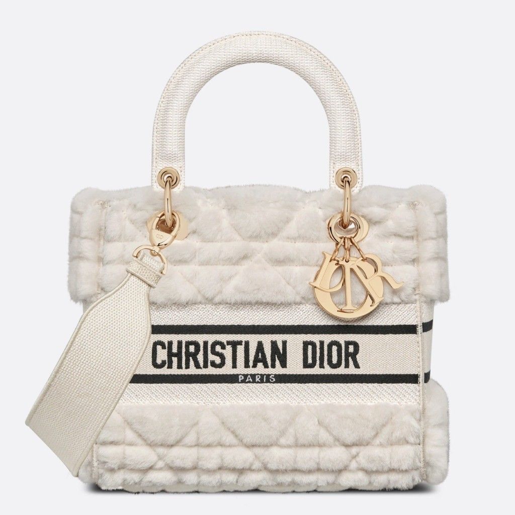 Dior Lady D-Lite Medium Bag In White Cannage Shearling