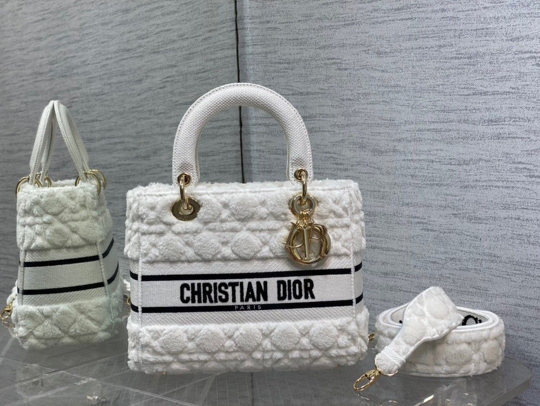 Dior Lady D-Lite Medium Bag In White Cannage Shearling