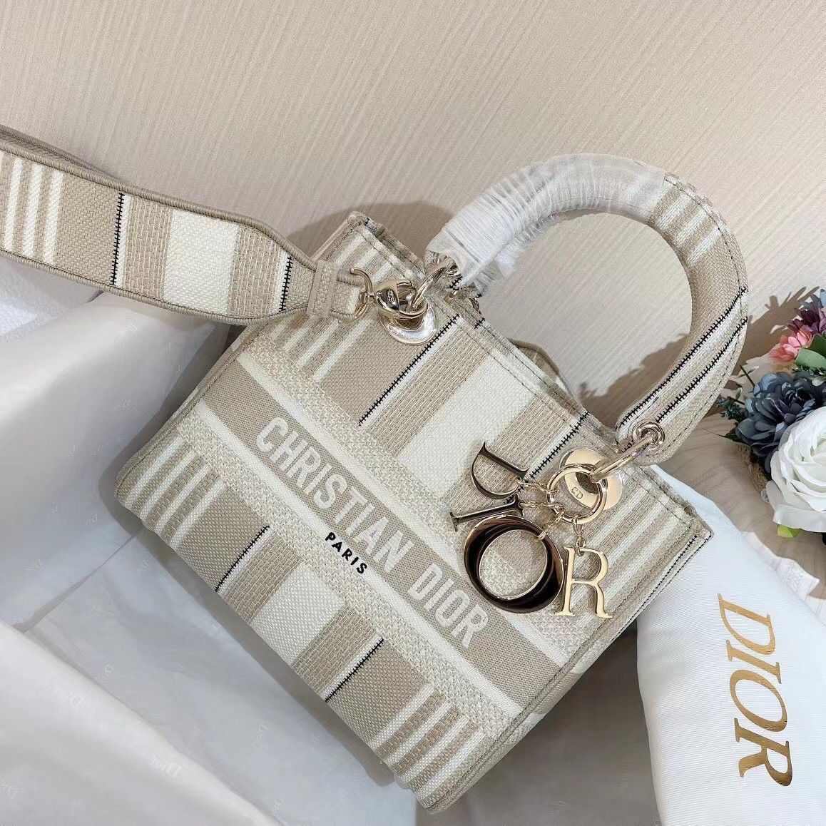 Dior Lady D-Lite Medium Bag In Beige Stripes Embroidery