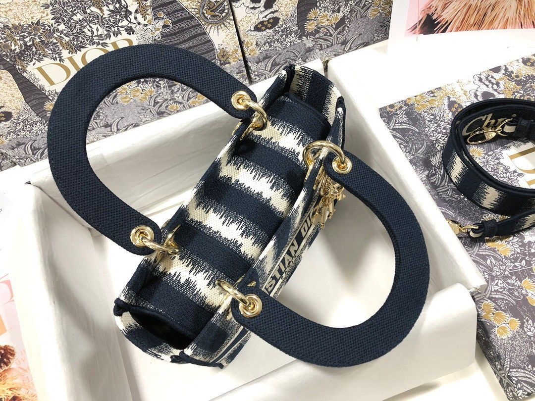 Dior Lady D-Lite Medium Bag In Blue D-Stripes Embroidery