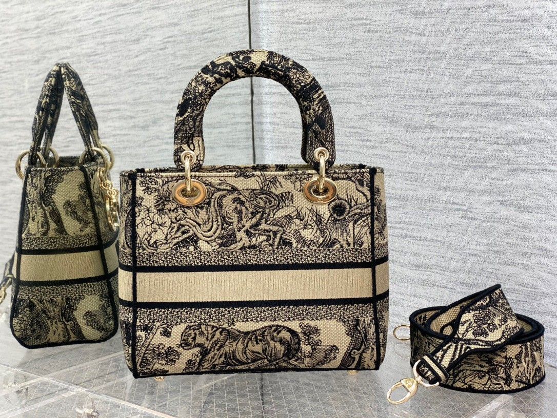 Dior Lady D-Lite Medium Bag In Brown Toile de Jouy Embroidery