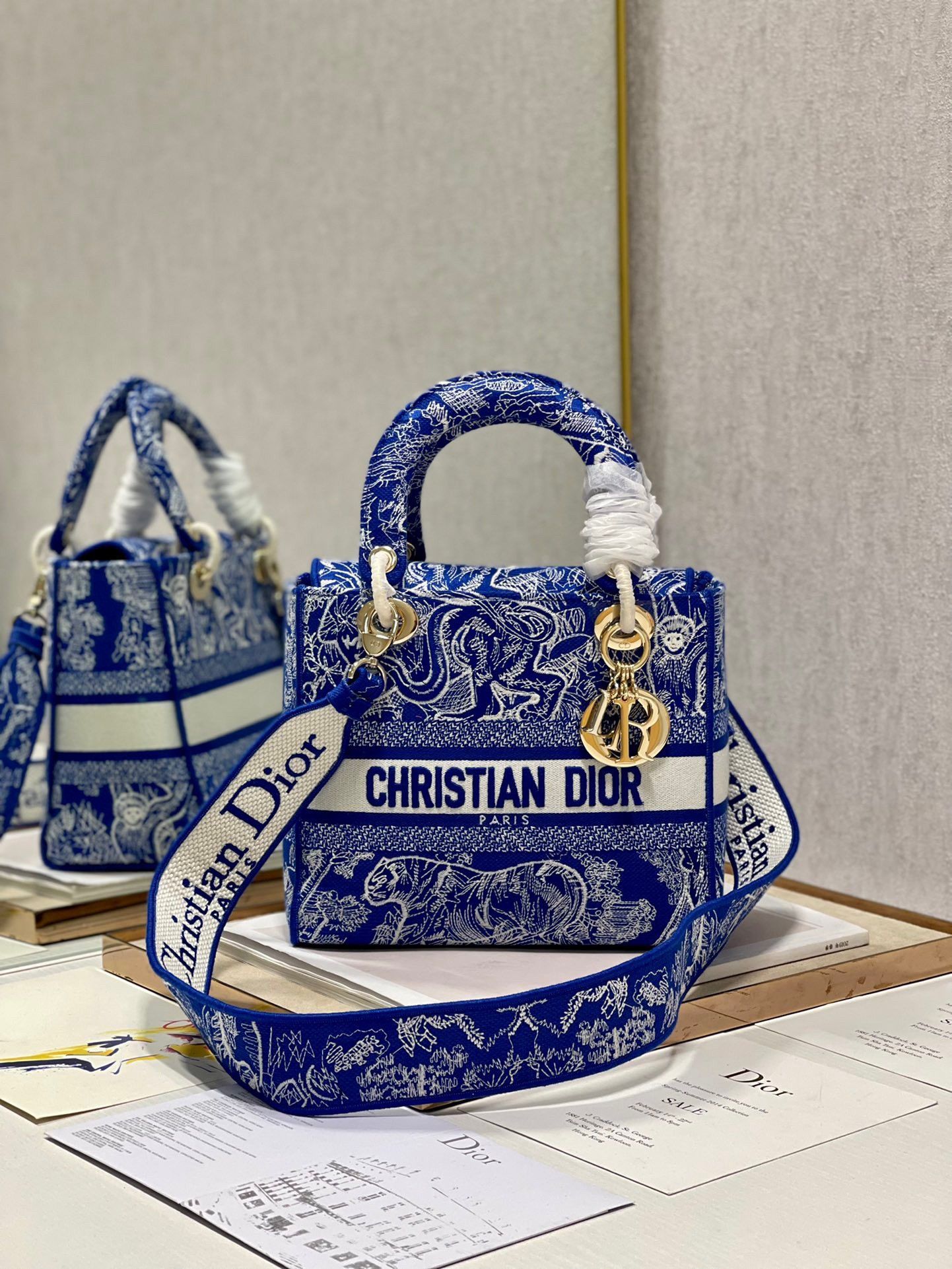 Dior Lady D-Lite Medium Bag In Fluorescent Blue Toile de Jouy Reverse Embroidery