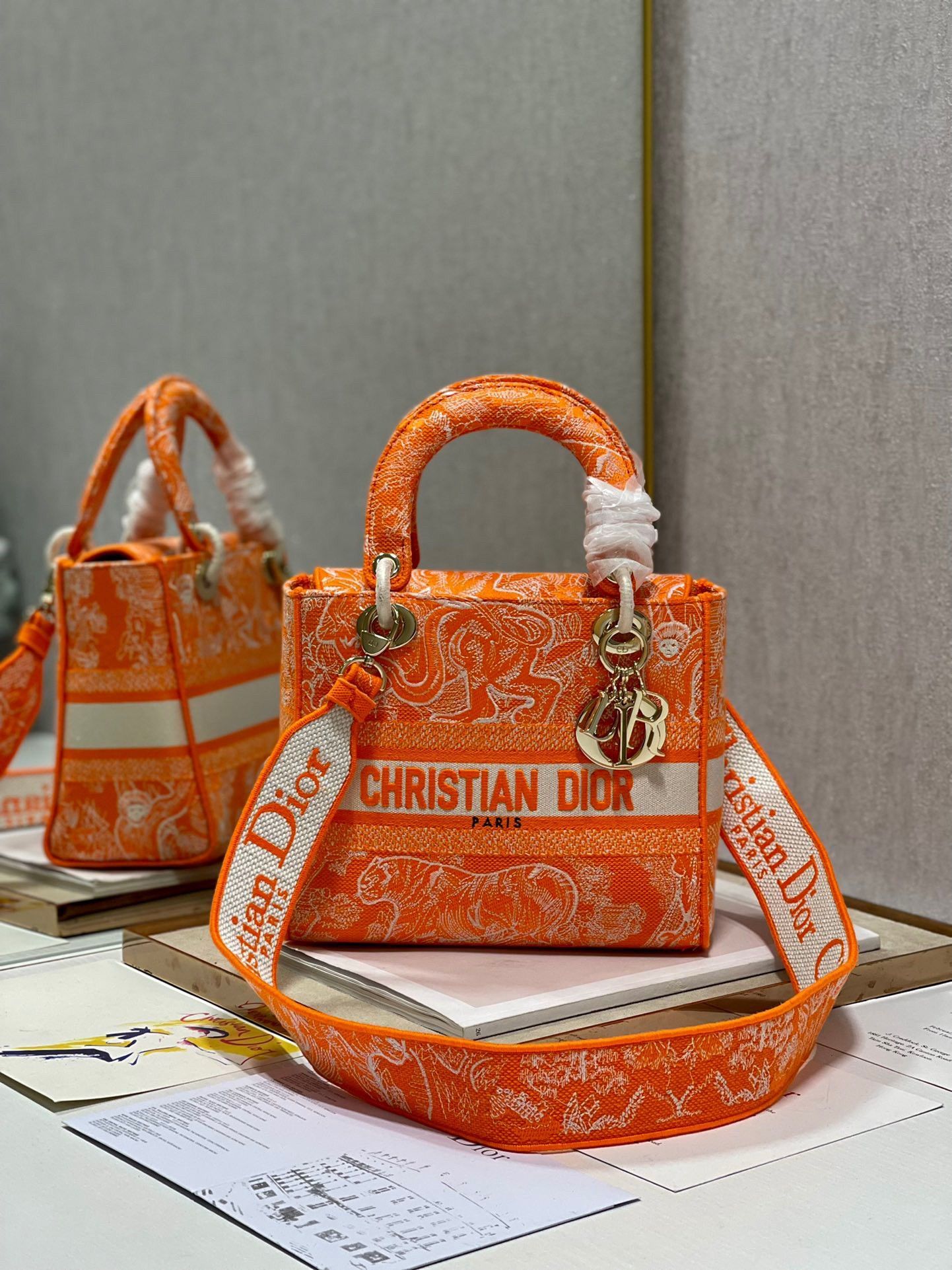 Dior Lady D-Lite Medium Bag In Fluorescent Orange Toile de Jouy Reverse Embroidery