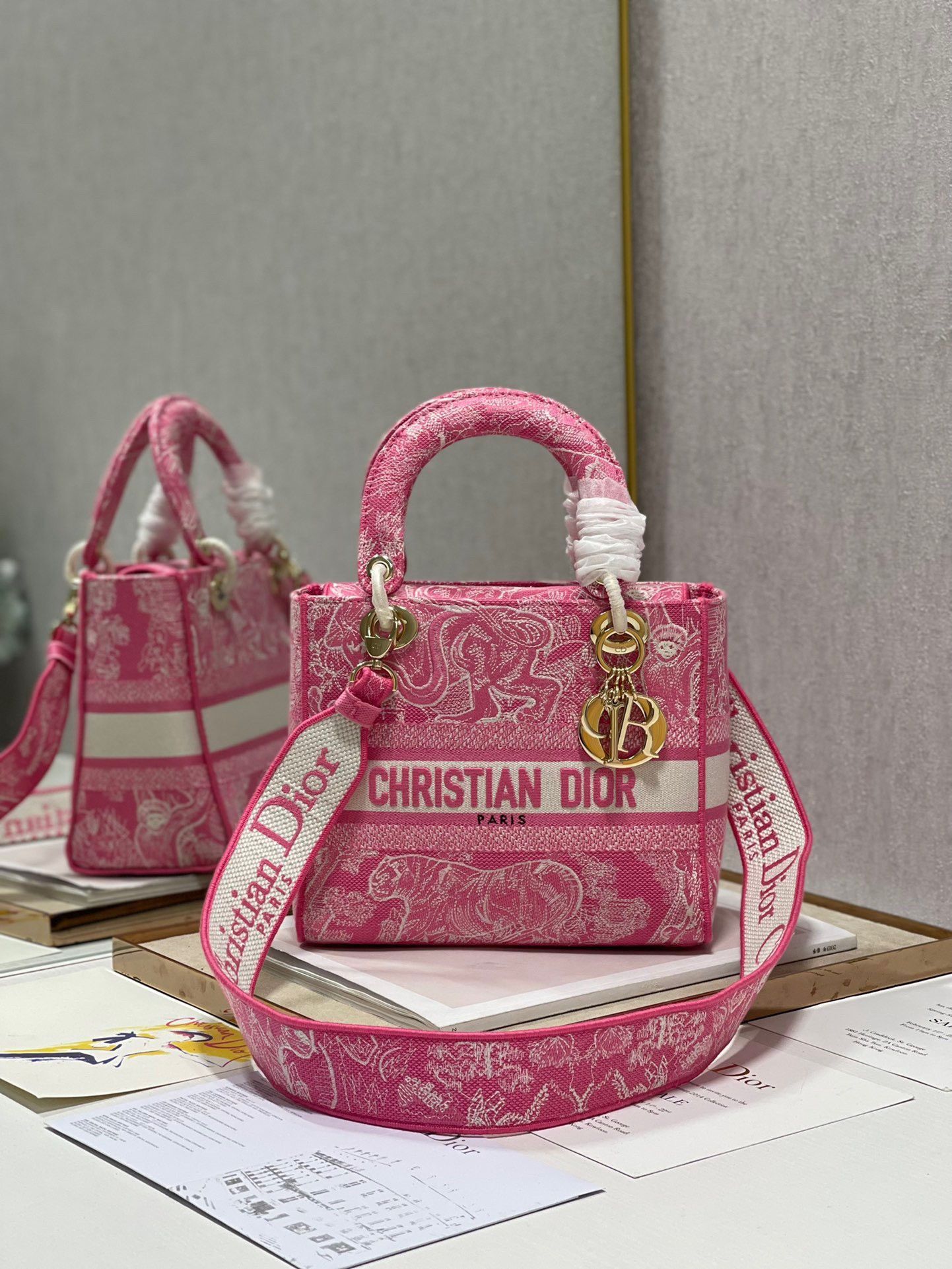 Dior Lady D-Lite Medium Bag In Fluorescent Pink Toile de Jouy Reverse Embroidery