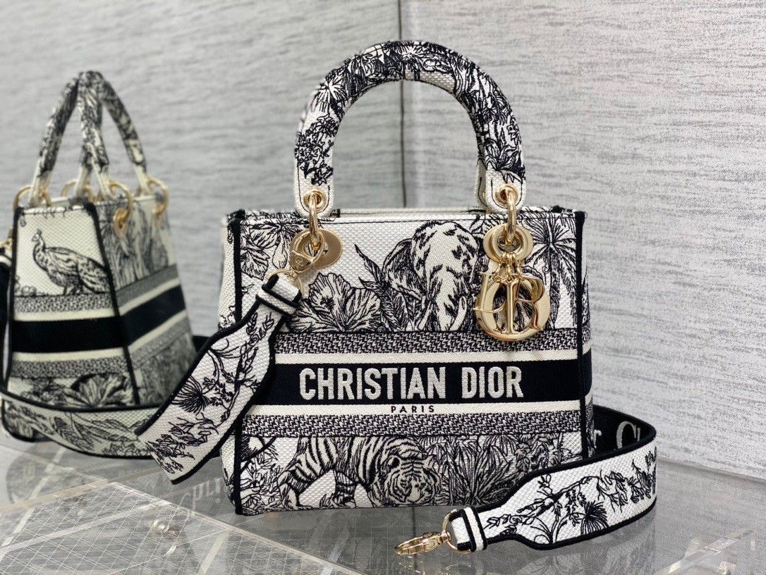 Dior Lady D-Lite Medium Bag In White Toile de Jouy Voyage Embroidery