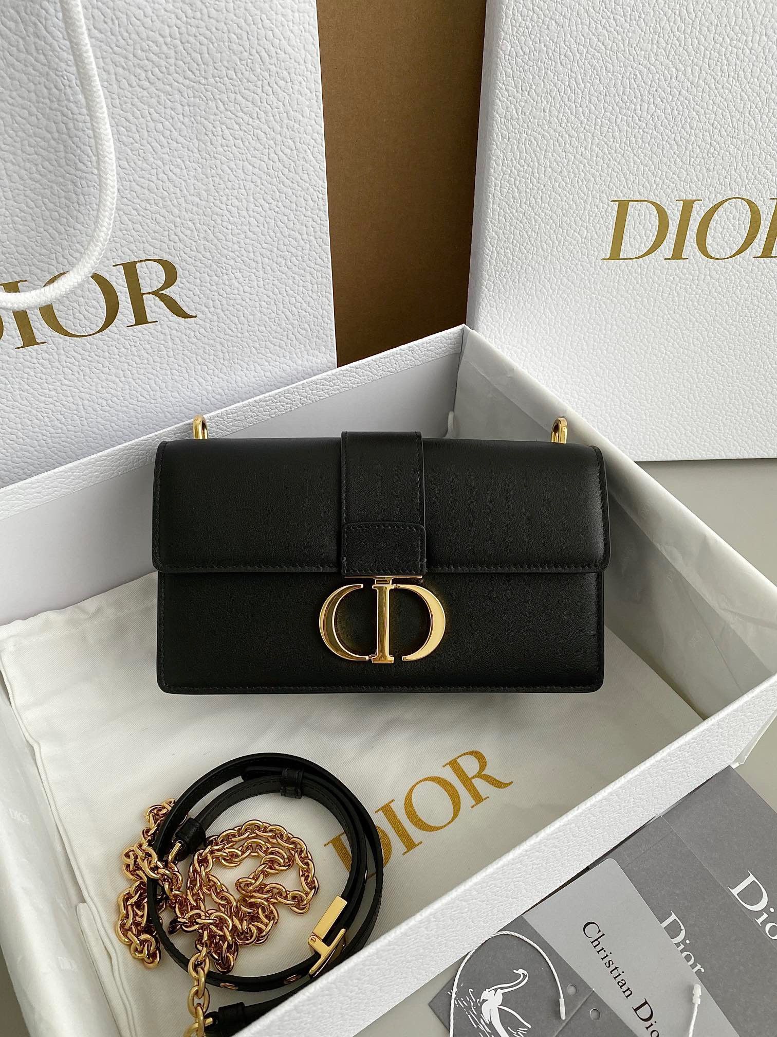 Dior 30 Montaigne East-West Bag with Chain in Black Calfskin