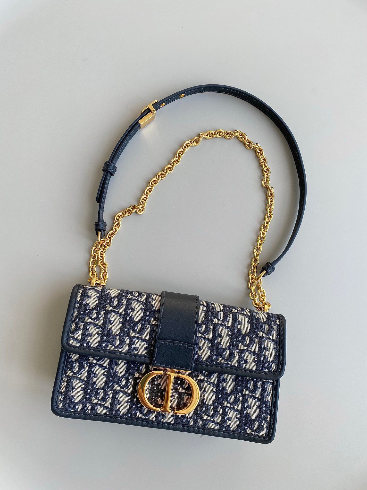 Dior 30 Montaigne East-West Bag with Chain in Blue Oblique Jacquard