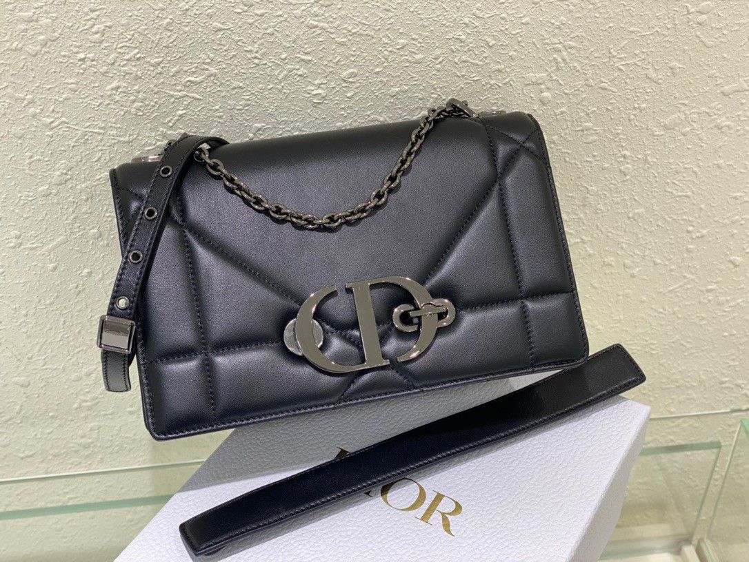 Dior 30 Montaigne Chain Bag With Handle In Black Lambskin