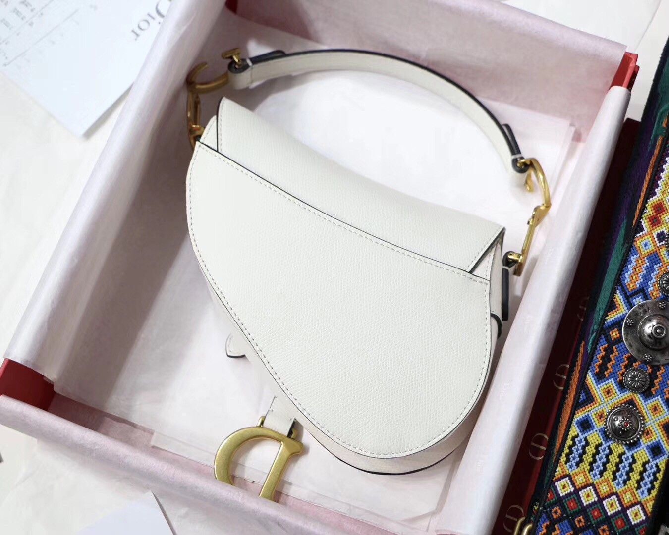 Dior Saddle Mini Bag In White Grained Calfskin