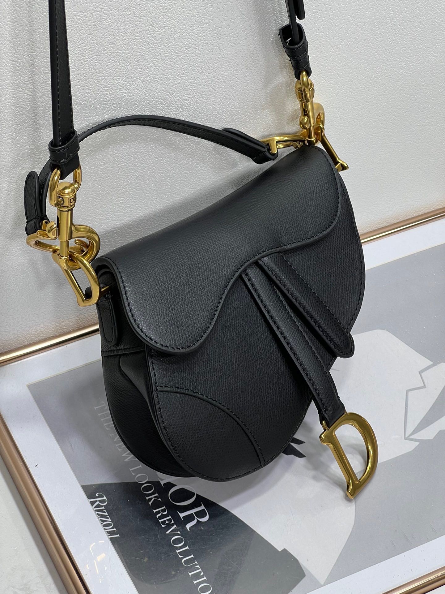 Dior Mini Saddle Bag with Strap in Black Grained Calfskin