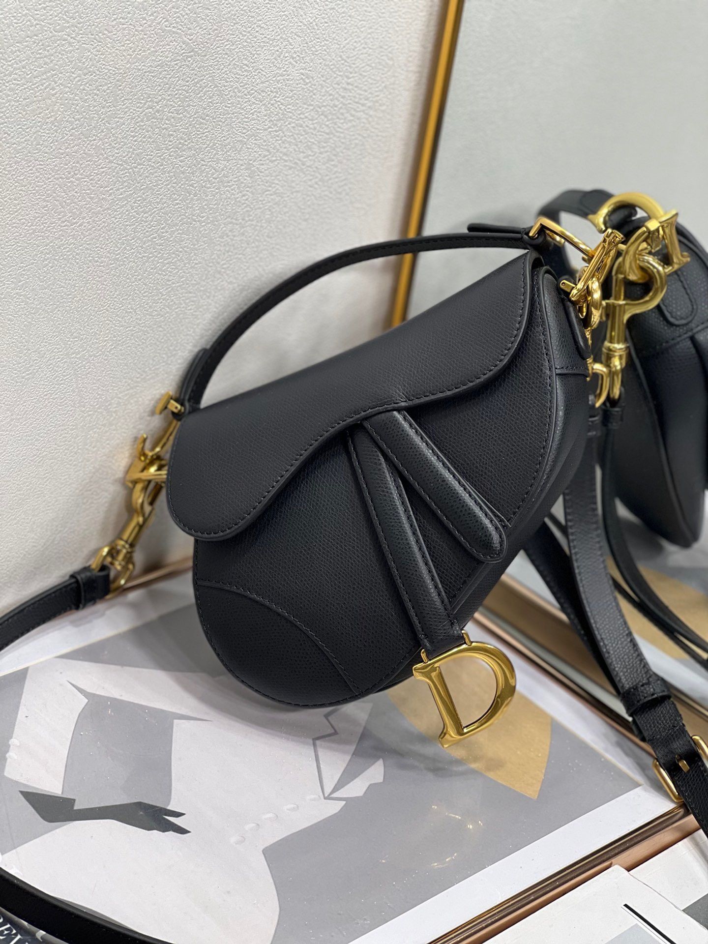 Dior Mini Saddle Bag with Strap in Black Grained Calfskin