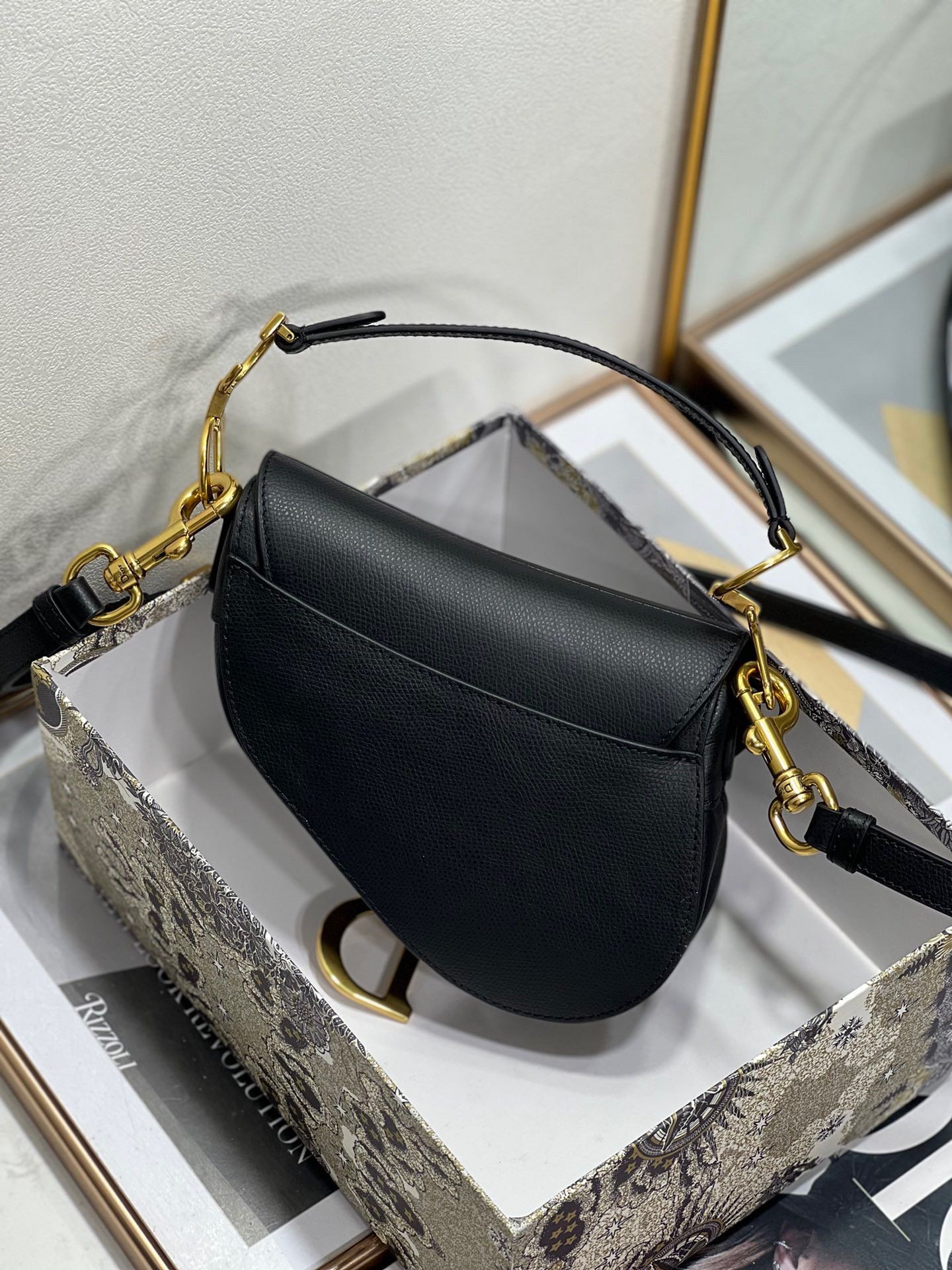 Dior Mini Saddle Bag with Strap in Black Grained Calfskin