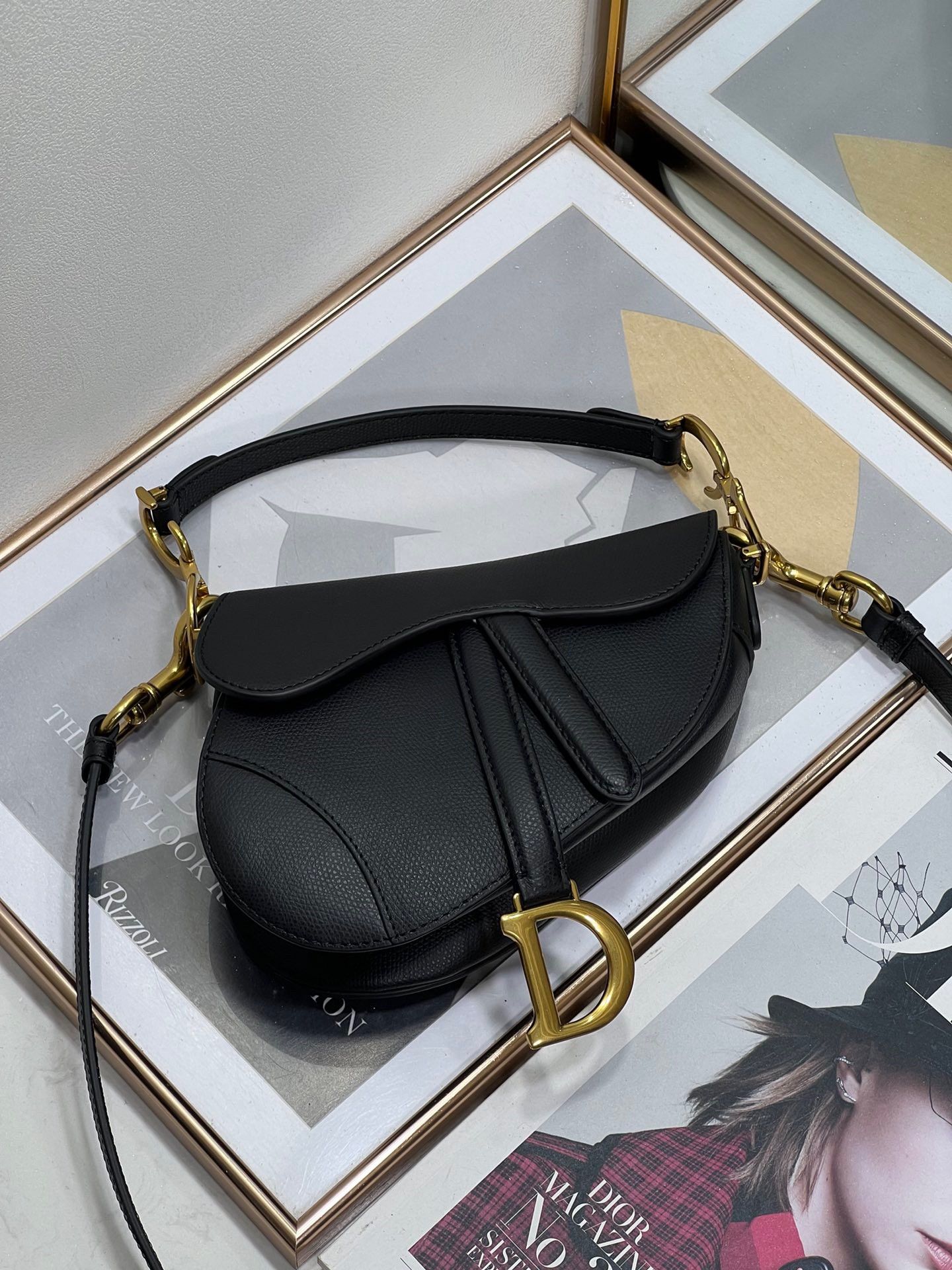 Dior Mini Saddle Bag with Strap in Black Grained Calfskin