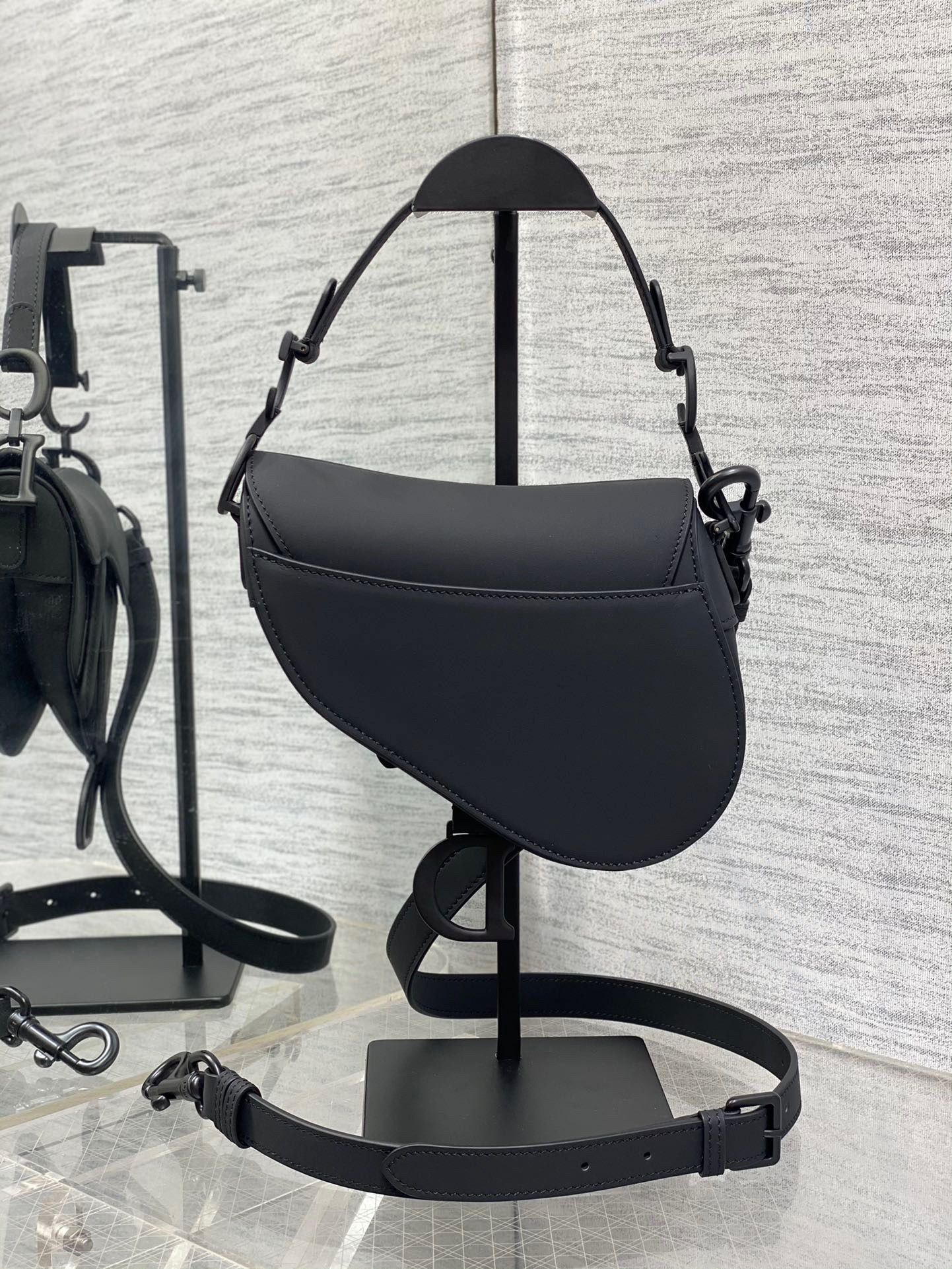 Dior Mini Saddle Bag with Strap in Black Ultramatte Calfskin