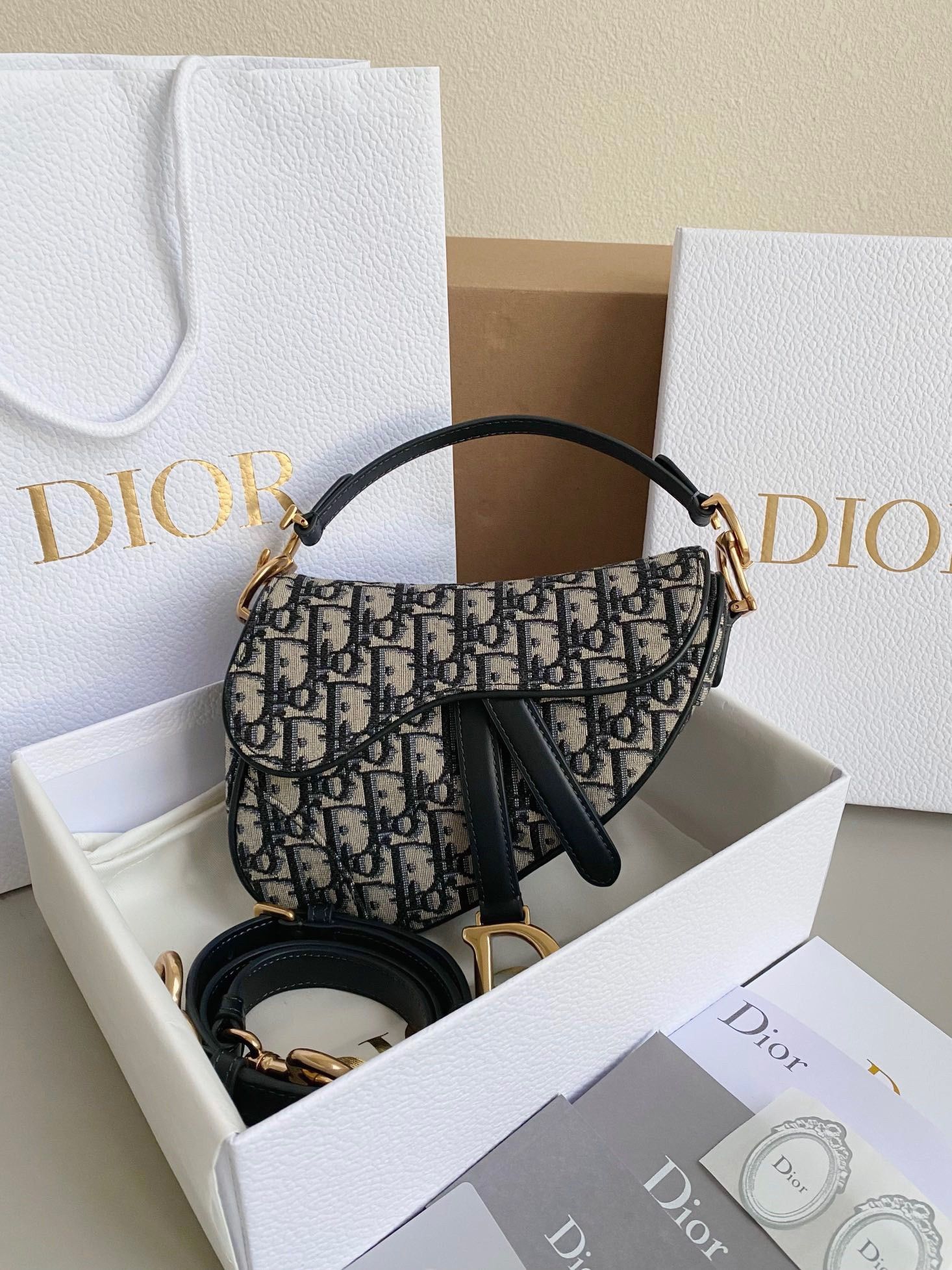 Dior Mini Saddle Bag with Strap in Blue Oblique Jacquard