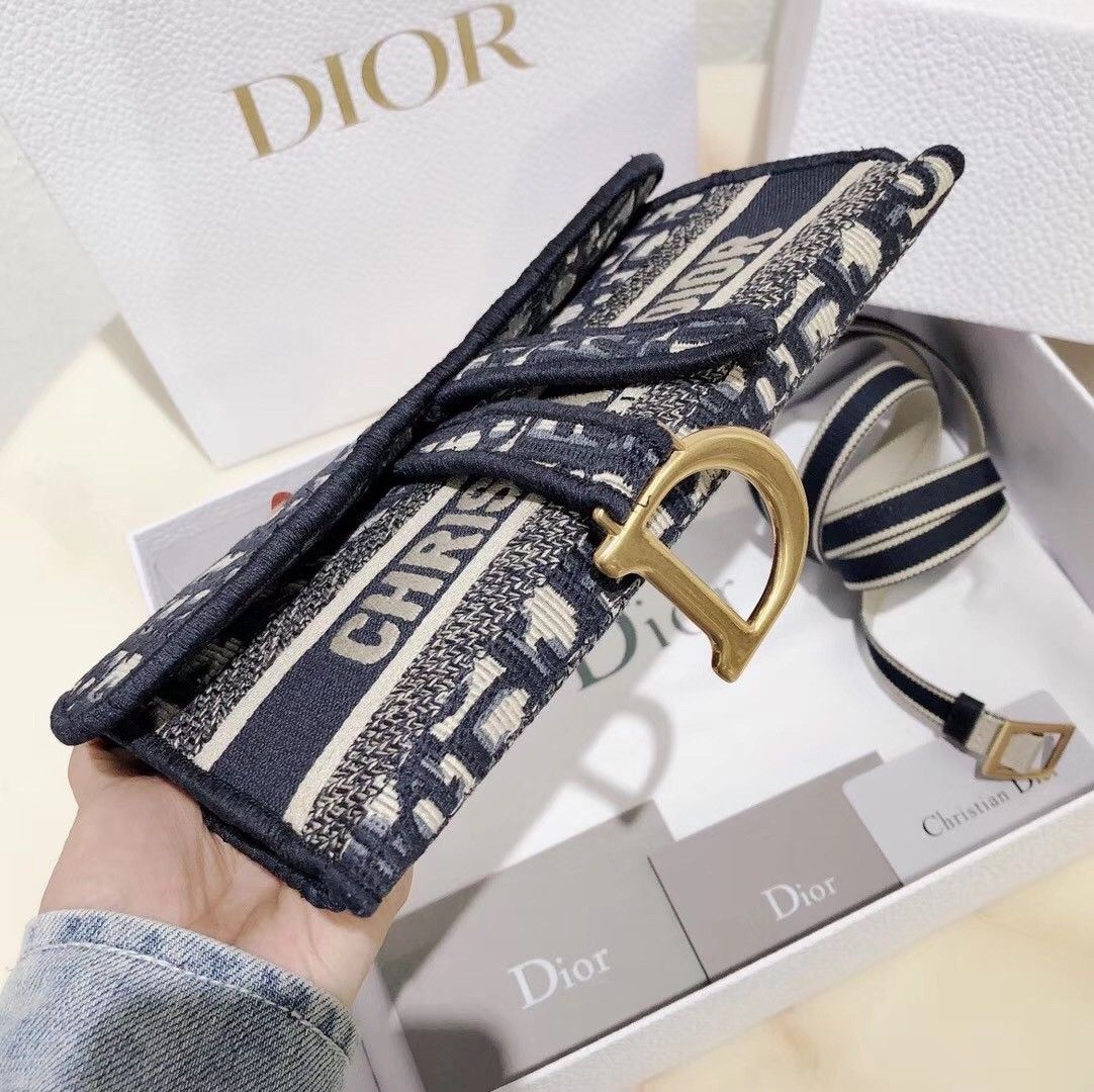 Dior Saddle Slim Pouch In Blue Dior Oblique Canvas