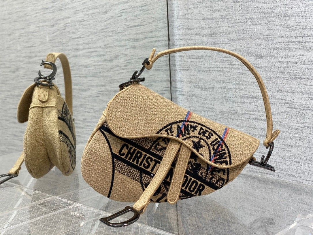 Dior Saddle Bag In Beige Jute Canvas with Dior Union Motif