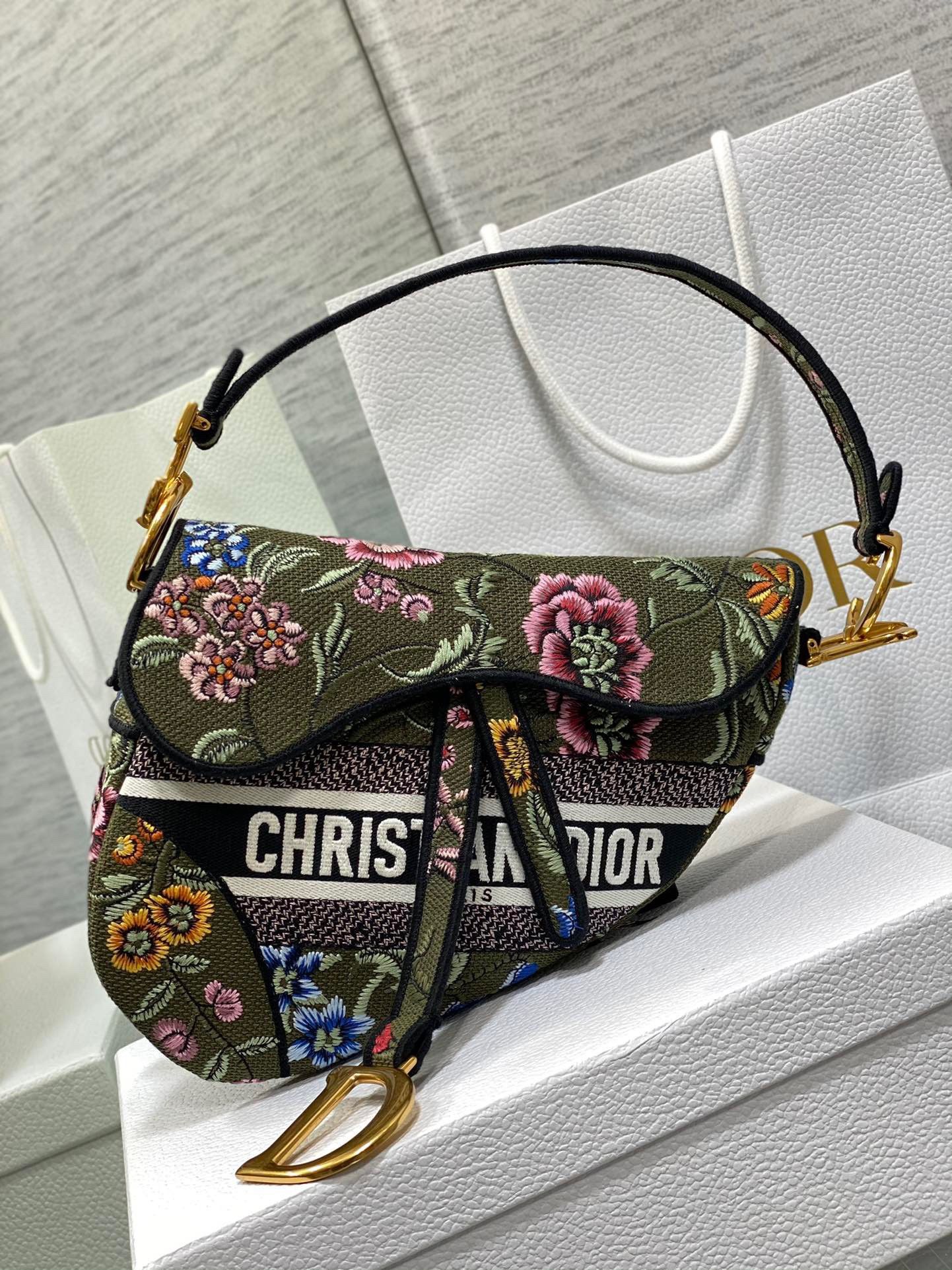 Dior Saddle Bag In Green Multicolor Dior Petites Fleurs Embroidery