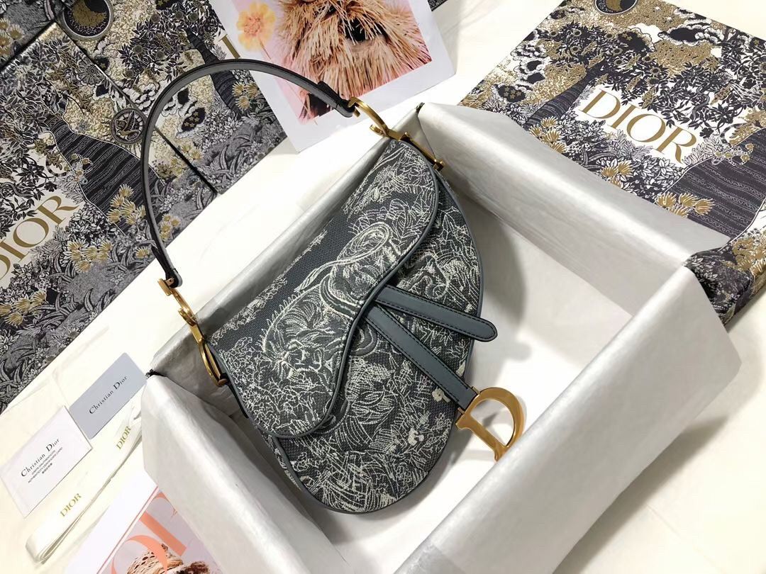 Dior Saddle Bag In Grey Toile de Jouy Reverse Jacquard