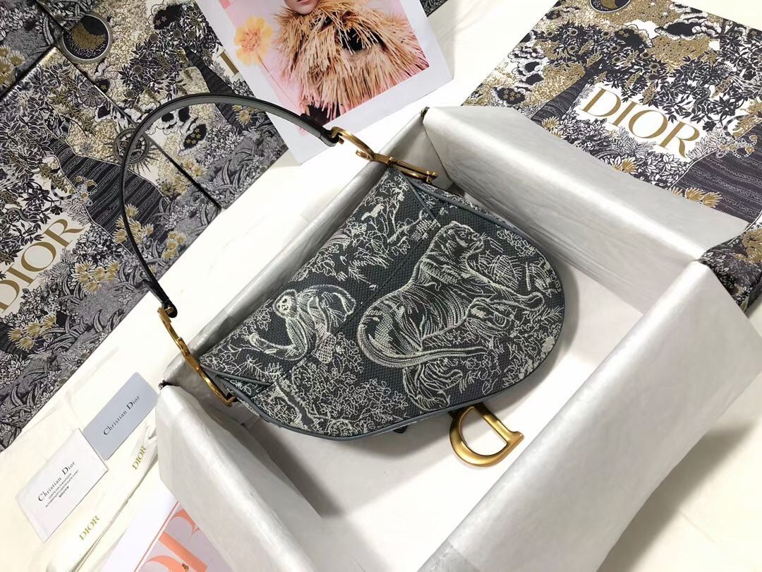 Dior Saddle Bag In Grey Toile de Jouy Reverse Jacquard