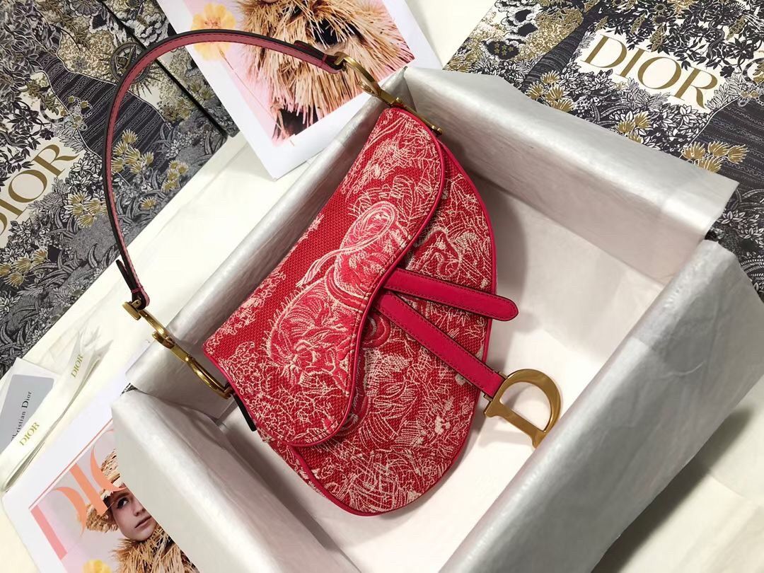 Dior Saddle Bag In Red Toile de Jouy Reverse Jacquard