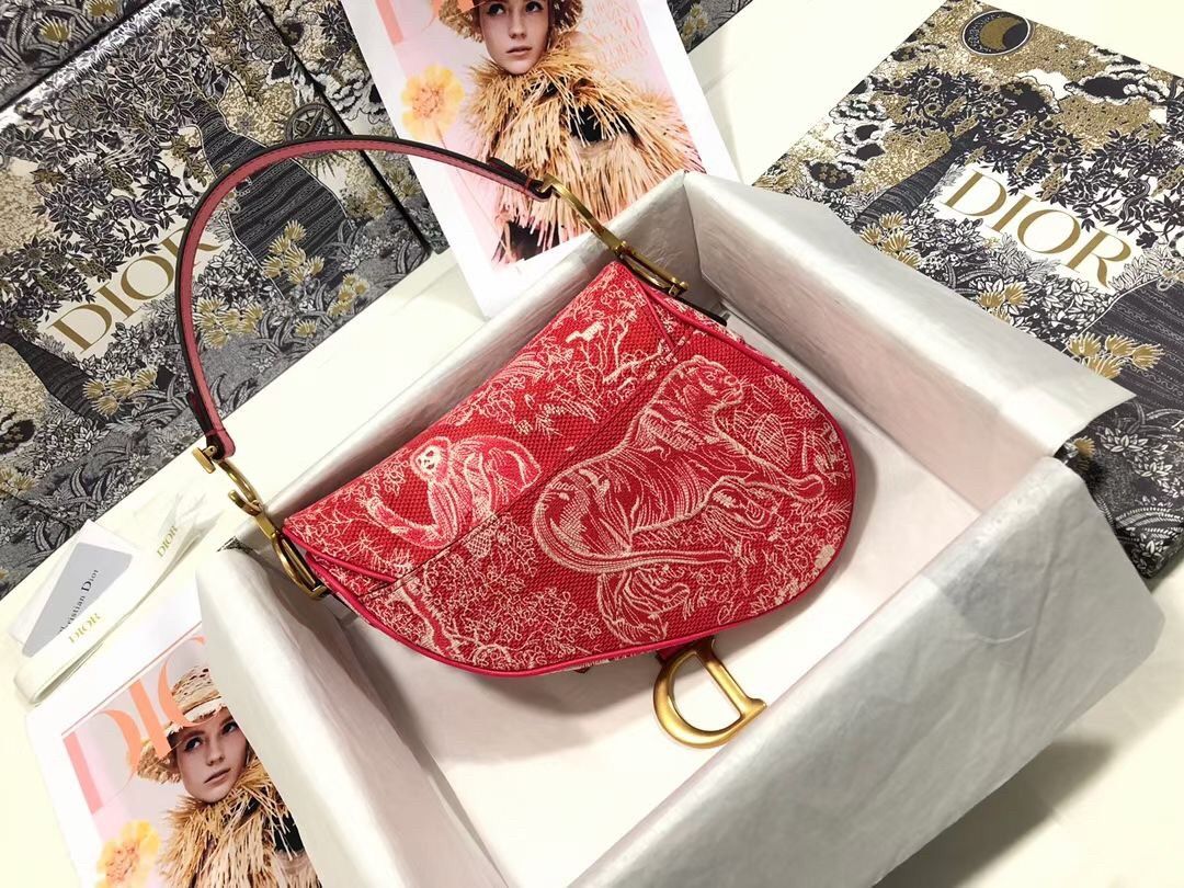 Dior Saddle Bag In Red Toile de Jouy Reverse Jacquard