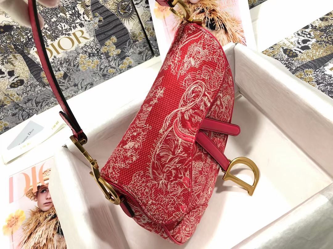 Dior Saddle Bag In Red Toile de Jouy Reverse Jacquard