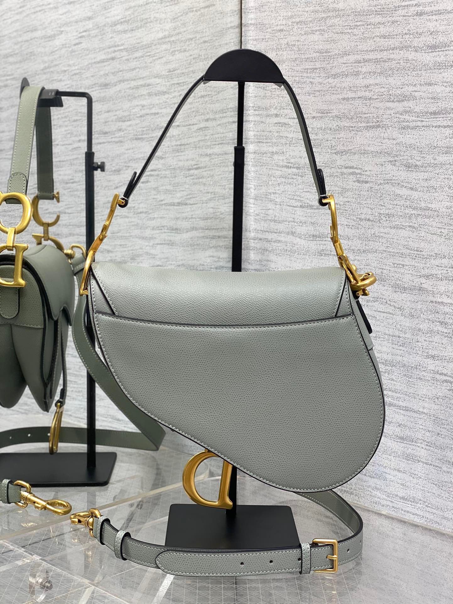 Dior Saddle Bag with Strap in Grey Stone Grained Calfskin