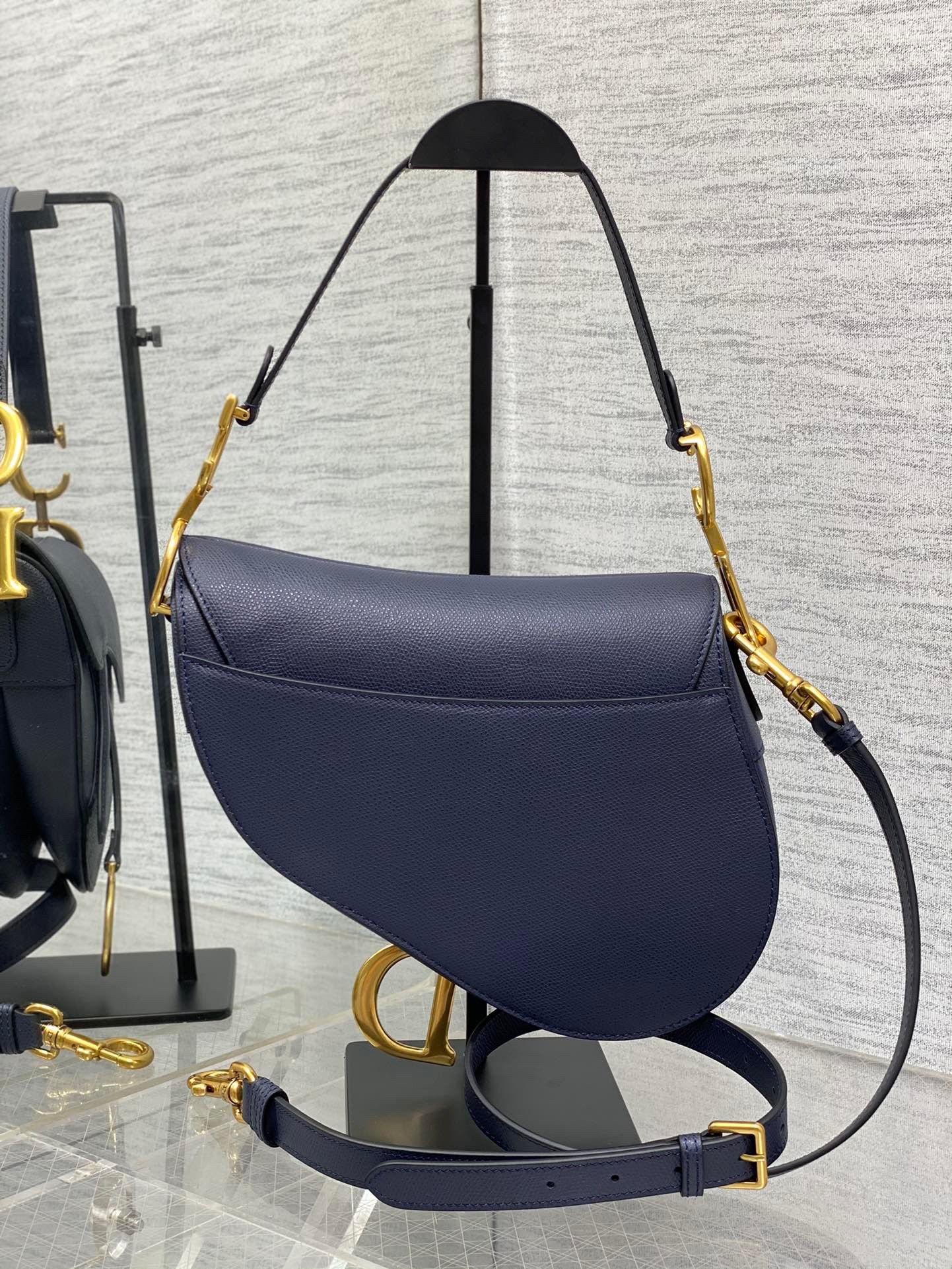 Dior Saddle Bag with Strap in Indigo Blue Grained Calfskin