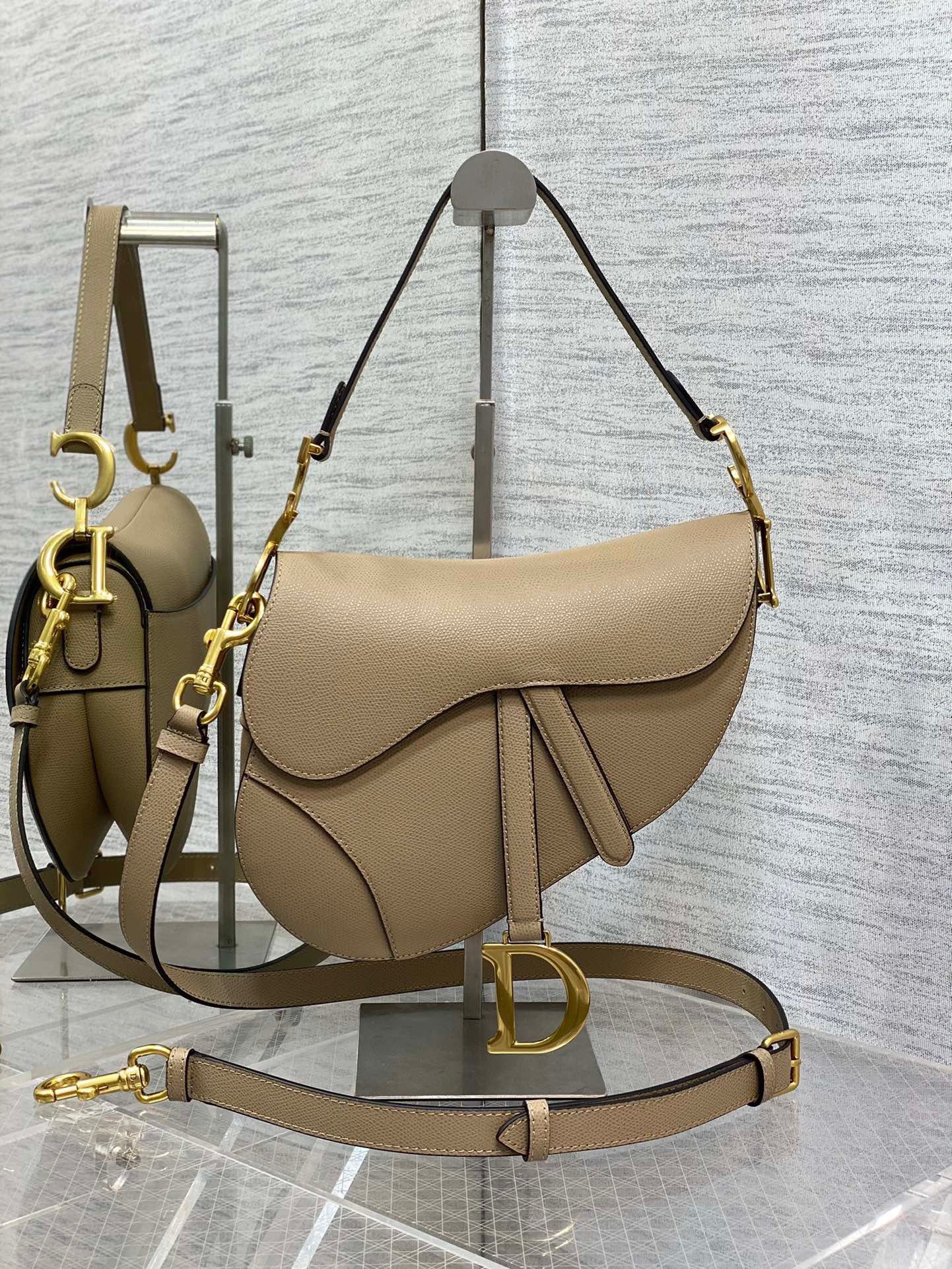 Dior Saddle Bag with Strap in Sand Grained Calfskin